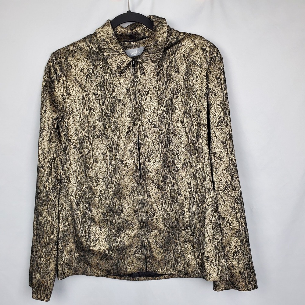 Wallis Womens Collared Jacket Black Gold Metallic Abstract Full Zip Size 14